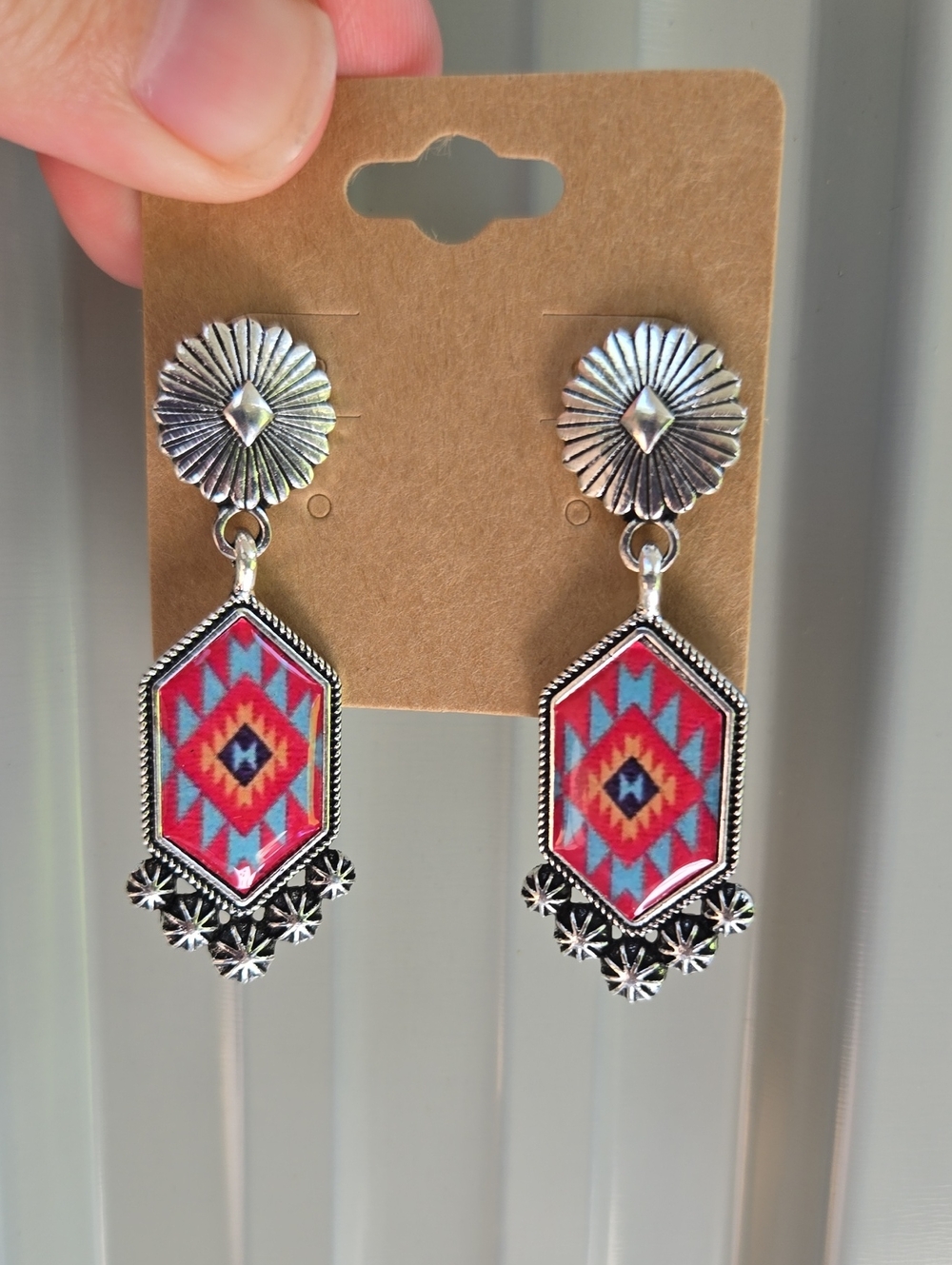 Boho Silver-Tone Red Aztec Drop Earrings